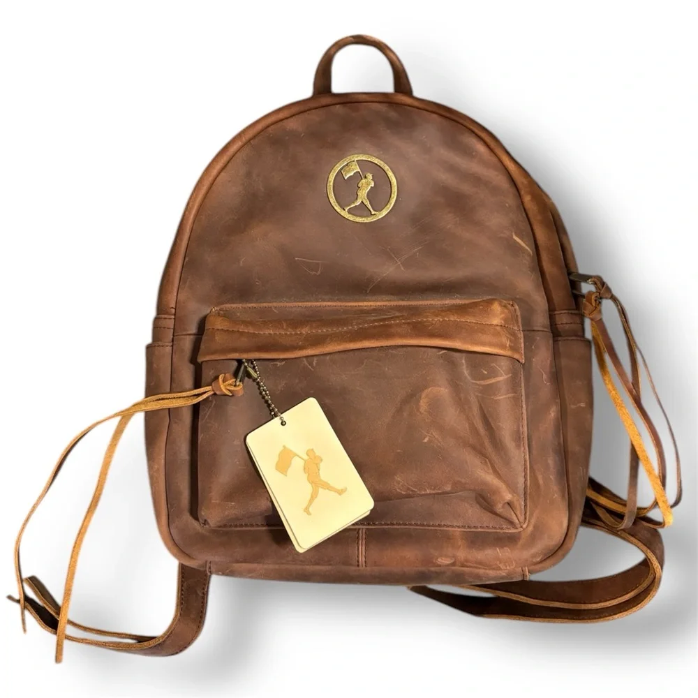 Vintage Brown Leather Backpack - Branded Logo